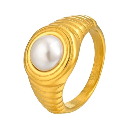 Bishilin Ringe Damen Edelstahl Vergoldet, Ring Personalisiert mit Perle Siegelring Frauen Ringe Verlobung und Hochzeit Gold Gr.54 (17.2) von Bishilin
