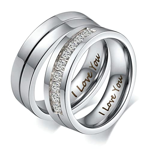 Bishilin Trauringe Edelstahl Paarpreis mit Gravur I Love You, Paar Ringe Set 6MM Hochglanzpoliert mit Zirkonia Partnerringe für 2 Damen Gr.57 (18.1) & Herren Gr.62 (19.7) von Bishilin