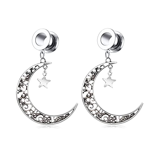 Bishilin Tunnel Piercing 8MM, Plugs Ohrringe Damen mit Anhänger Mond Stern Silber Ohrringe Tunnel Ohr Expander Set von Bishilin