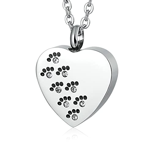Bishilin Urnen Kette für Asche, Damen Kette Edelstahl 50CM mit Herz Anhänger mit Pfote Zirkonia Halskette Silber Schwarz Charms für Asche Andenken von Bishilin