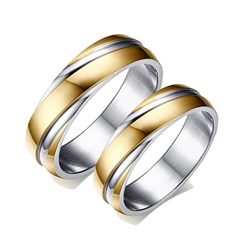 Bishilin Verlobung Ringe Edelstahl, Gold Silber Ringe 6MM Damen Gr.49 (15.6) + Herren Gr.54 (17.2) Trauringe Nickelfrei Partnerringe für 2 von Bishilin