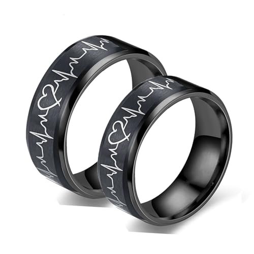 Bishilin Verlobungsringe Paar Ringe mit Gravur, Edelstahl Ringe Set Elektrokardiogramm Paarbänder 6MM 8MM Trauringe Verlobungsringe Personalisiert Damen Gr.57 (18.1)+Herren Gr.62 (19.7) von Bishilin