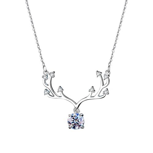 Bishilin Weißgold Kette 375 Echtgold, Damen Halskette Anhänger Geweih mit Erstellter Diamant 1ct Kette Weißgold 45CM für Frauen Hochzeit von Bishilin