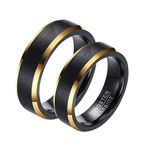 Bishilin Wolframcarbid Ringe Paar mit Gravur, 6MM Matt Ring Schwarz Gold Damen Gr.60 (19.1) + Herren Gr.62 (19.7), Verlobungsringe Partnerringe für 2 von Bishilin