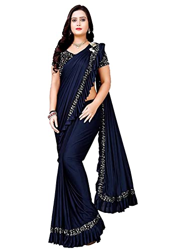 BishtHub Damen Lycra Ready To Wear Saree With Unstitched Bluse Piece, Marineblau, Einheitsgröße von BishtHub Fashion