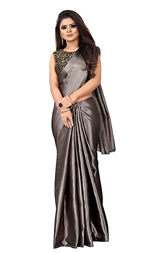 BishtHub Damen Satin Uni Saree mit ungenähtem Blusenteil, grau dunkel, Einheitsgröße von BishtHub Fashion