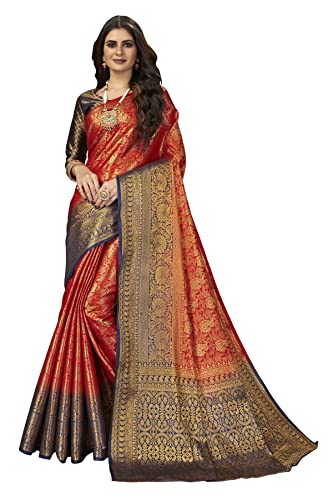 BishtHub Fashion Damen Banarasi Seide Jacquard Ethno Wear Woven Saree With Unstitched Bluse Piece, Rot/Ausflug, einfarbig (Getaway Solids), Einheitsgröße von BishtHub Fashion