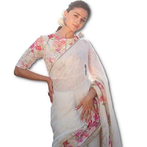 BishtHub Fashion Damen-Blusenteil, digital bedruckt, reine Baumwolle, Leinen, Saree mit ungenähten Blusen, A-weiß, Einheitsgröße von BishtHub Fashion