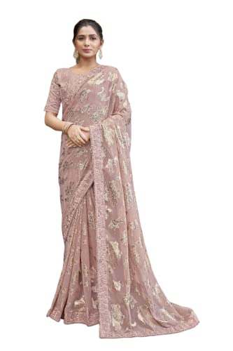 BishtHub Fashion Damen Georgette Patch Arbeit Sari für Frauen mit ungenähtem Blusenstück, Violett, Einheitsgröße von BishtHub Fashion