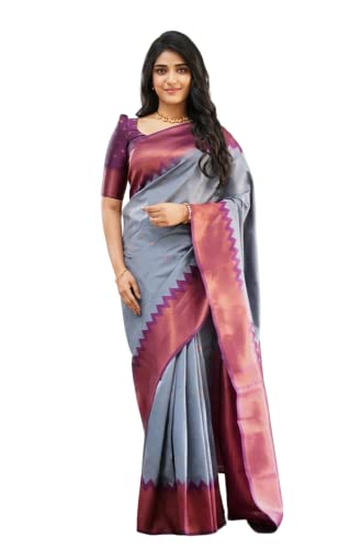 BishtHub Fashion Damen Jacquard Weiche Seide Saree Mit Ungenähtem Blusenstück, GRAU, Einheitsgröße von BishtHub Fashion