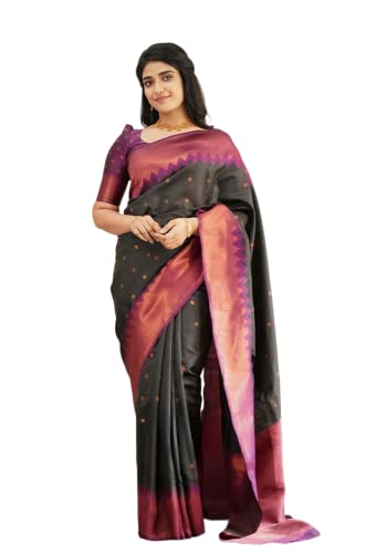 BishtHub Fashion Damen Jacquard Weiche Seide Saree Mit Ungenähtem Blusenstück, Schwarz, Einheitsgröße von BishtHub Fashion