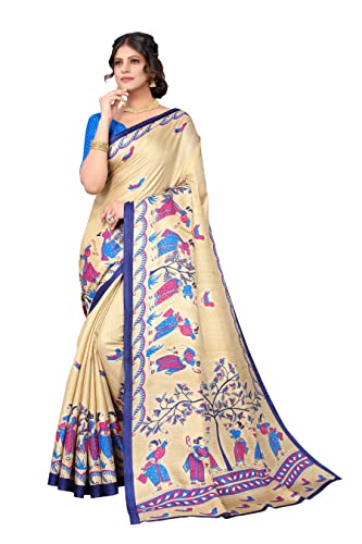 BishtHub Fashion Damen-Kalamkari-Saree mit Kunstseide-Aufdruck und ungenähtem Blusenteil -(KIMORA BLUE) von BishtHub Fashion