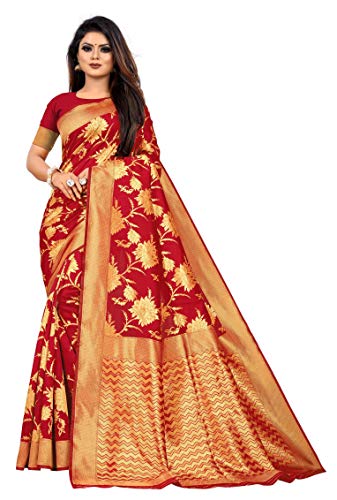BishtHub Fashion Damen Kunstseide bedruckter indischer Sari mit ungenähtem Blusenteil, Rot/Ausflug, einfarbig (Getaway Solids), Einheitsgröße von BishtHub Fashion