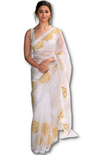 BishtHub Fashion Damen Pure Georgette bestickter Saree mit ungenähtem Blusenteil, Weiss/opulenter Garten, Einheitsgröße von BishtHub Fashion