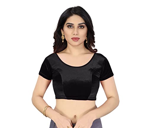 BishtHub Fashion Damen-Samt-Bluse, einfarbig, kurzärmelig, dehnbar, Readyamde, Einheitsgröße, Schwarz , Free Size- (38 inch upto 42 Inch) von BishtHub Fashion