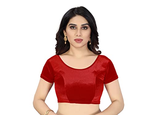 BishtHub Fashion Damen-Samt-Bluse, einfarbig, kurzärmelig, dehnbar, Readyamde, Einheitsgröße, rot, Free Size- (38 inch upto 42 Inch) von BishtHub Fashion