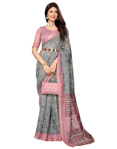 BishtHub Fashion Zeitgenössischer Kalamkari-Sari Aus Kunstseide Für Damen Im Freizeitstil Mit Ungesticktem Blusenteil -(PRITAM GREY) von BishtHub Fashion