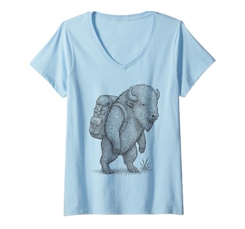 Damen Wandern Büffel Backpacking Tier Natur Wildnis Trekker T-Shirt mit V-Ausschnitt Damen Wandern Büffel Backpacking Tier Natur Wildnis Trekker T-Shirt mit V-Ausschnitt von Bison Hiker Trekking Cottagecore Hike Merch.