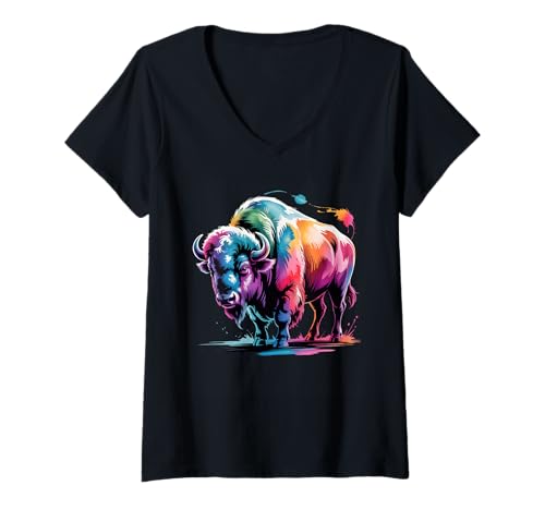 Damen Bison-Poster-Stil, Bunte Farbspritzer, Kunstgrafik T-Shirt mit V-Ausschnitt Damen Bison-Poster-Stil, Bunte Farbspritzer, Kunstgrafik T-Shirt mit V-Ausschnitt von Bison Lover Apparel & Arts