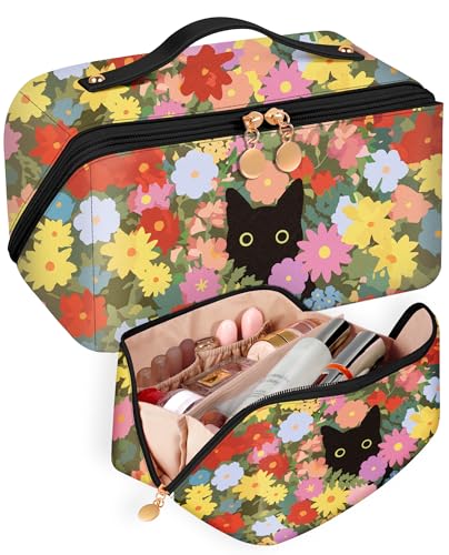 Bistup Make-up-Tasche mit Reißverschluss in der Mitte, Katze mit 3 Blumen, Damen von Bistup