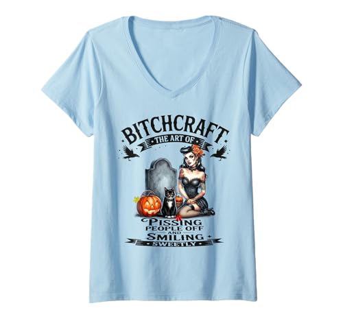 Damen Halloween Vintage Fliegende Hexe Bitchcraft Pin Up Girl Lustig T-Shirt mit V-Ausschnitt von Bitchcraft Vintage Flying Witch Sapphire Star