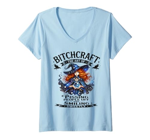 Damen Halloween Vintage Hexe Bitchcraft Gothic Frech Pin Up Girl T-Shirt mit V-Ausschnitt von Bitchcraft Vintage Gothic Blue Witch Sapphire Star