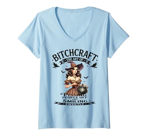Damen Halloween Vintage Hexe Bitchcraft Funny Pin Up Girl Frech T-Shirt mit V-Ausschnitt von Bitchcraft Vintage Sassy Pin Up Girl Sapphire Star