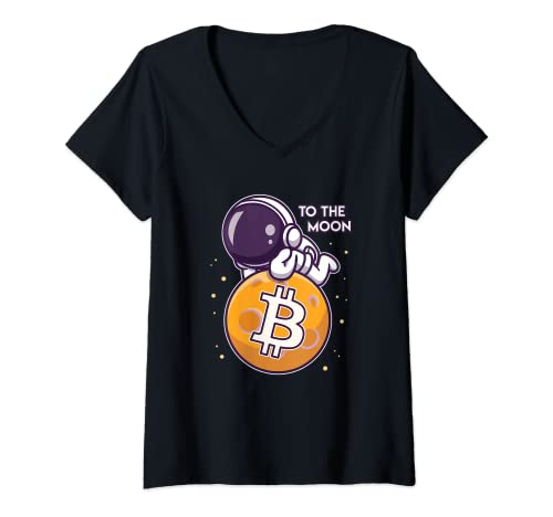 Damen Bitcoin Zum Mond Astronaut Krypto Kryptowährung Crypto BTC T-Shirt mit V-Ausschnitt von Bitcoin Crypto Cryptocurrency Trader BTC HODL Tees