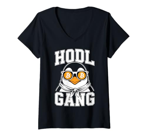 Damen Bitcoin HODL Pinguin T-Shirt mit V-Ausschnitt von Bitcoin HODL Penguin Tees
