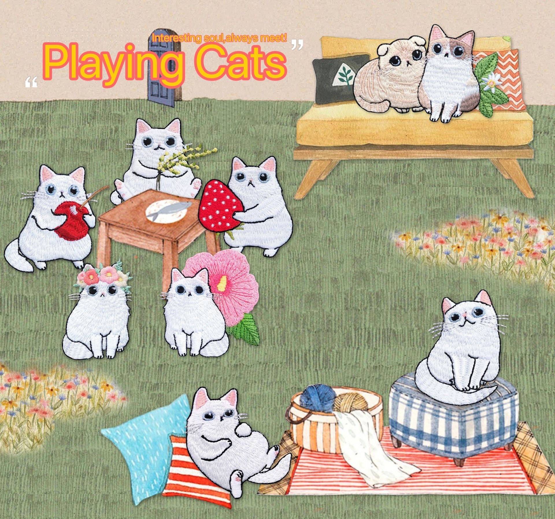 Süße Kitty Patches, Selbstklebend, Aufnäher, Aufnäher/ Bügelbild, Katze, Blume, Erdbeere, Kirsche, Spielende Katzen von BitsbyBeads