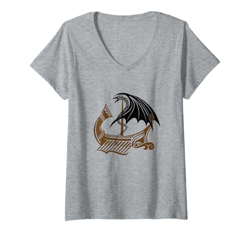 Damen Drache auf Wikingerschiff Nordic Warrior Mythologie T-Shirt mit V-Ausschnitt Damen Drache auf Wikingerschiff Nordic Warrior Mythologie T-Shirt mit V-Ausschnitt von Bitterkalt