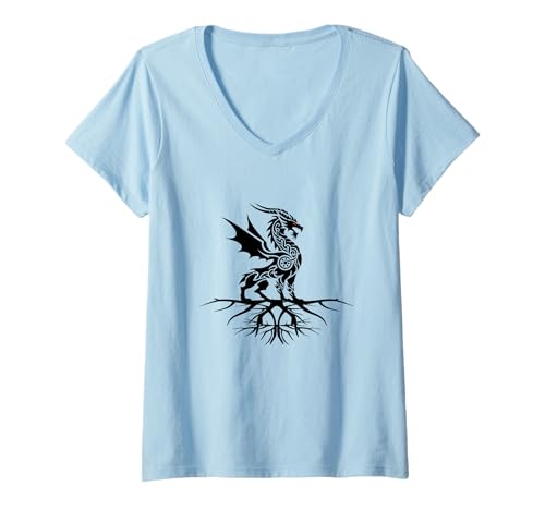 Damen Dragon on Roots Viking Nordic Warrior Mythologie T-Shirt mit V-Ausschnitt Damen Dragon on Roots Viking Nordic Warrior Mythologie T-Shirt mit V-Ausschnitt von Bitterkalt