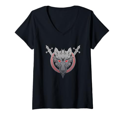 Damen Fenrir Wolf Krieger Schwerter Nordische Mythologie Wikinger Rune T-Shirt mit V-Ausschnitt Damen Fenrir Wolf Krieger Schwerter Nordische Mythologie Wikinger Rune T-Shirt mit V-Ausschnitt von Bitterkalt