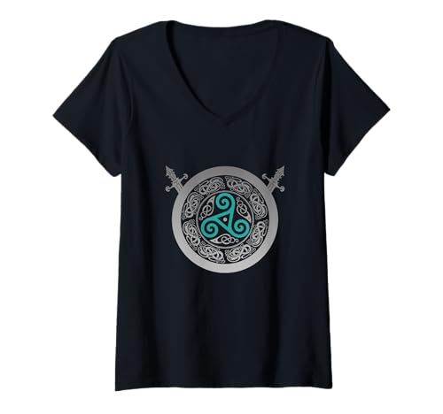 Damen Keltischer Knoten Triskele Schwerter Wikinger Nordic Warrior Mythologie T-Shirt mit V-Ausschnitt Damen Keltischer Knoten Triskele Schwerter Wikinger Nordic Warrior Mythologie T-Shirt mit V-Ausschnitt von Bitterkalt