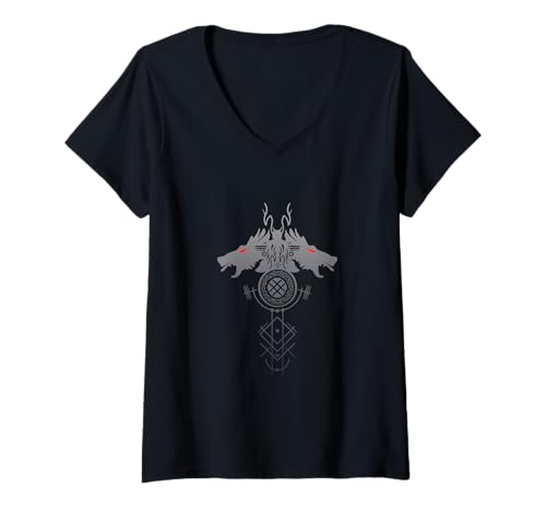 Damen Mythische Kreatur Wikinger Runen Nordic Warrior Mythologie T-Shirt mit V-Ausschnitt Damen Mythische Kreatur Wikinger Runen Nordic Warrior Mythologie T-Shirt mit V-Ausschnitt von Bitterkalt