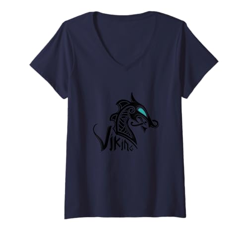 Damen Nordischer Kopf Skandinavischer Wikinger Nordischer Krieger Mythologie T-Shirt mit V-Ausschnitt Damen Nordischer Kopf Skandinavischer Wikinger Nordischer Krieger Mythologie T-Shirt mit V-Ausschnitt von Bitterkalt