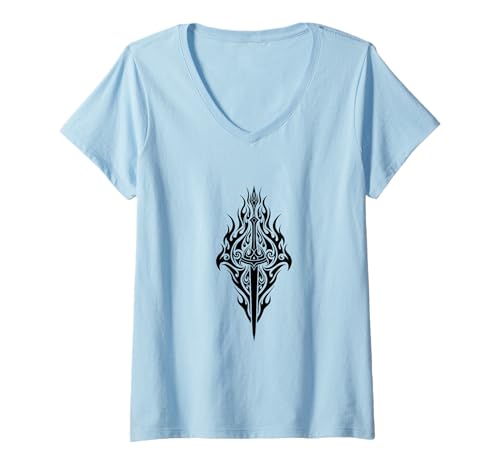 Damen Schwert Flamme Tribal Viking Nordic Warrior Mythologie T-Shirt mit V-Ausschnitt Damen Schwert Flamme Tribal Viking Nordic Warrior Mythologie T-Shirt mit V-Ausschnitt von Bitterkalt