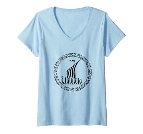 Damen Wikingerschiff Valhalla Journey Circle Nordic Warrior Mythologie T-Shirt mit V-Ausschnitt von Bitterkalt