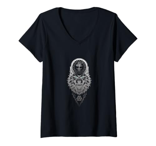 Damen Wolf Yggdrasil Valknut Wikinger Nordischer Krieger nordische Mythologie T-Shirt mit V-Ausschnitt Damen Wolf Yggdrasil Valknut Wikinger Nordischer Krieger nordische Mythologie T-Shirt mit V-Ausschnitt von Bitterkalt