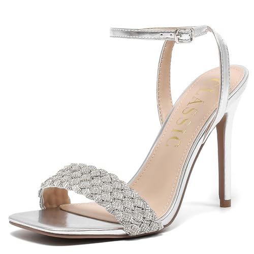 BiuYorBTY Damen Stiletto Heels Kristall High Heels Strass Silber Sandalen Offene Quadratische Zehe Knöchelriemen Heels Riemchen Kleid Schuhe für Party Hochzeit Braut, silber, 38.5 EU von BiuYorBTY
