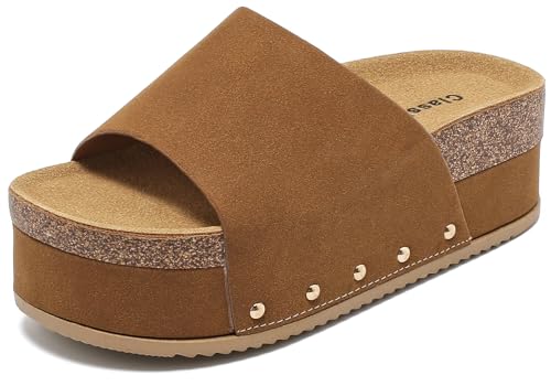 BiuYorBTY Wildleder Plateau Sandalen Damen Kork-Fußbett Espadrille Wedge Lady Open Toe Chunky Pantoletten Sommer Strand Slip On Schuhe Casual Komfort Hausschuhe Outdoor Schuhe Slides, Braun, 35.5 EU von BiuYorBTY