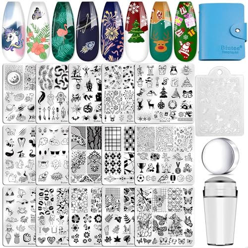 Biutee 15 Stück Stamping Schablonen Set für Nail Art Nagel Stempel Maniküre mit Schablonen für Nägel, Fingernägel Stempel Set, inklusive Stempel und Schaber, Perfekt für kreative French Nail Art von Biutee