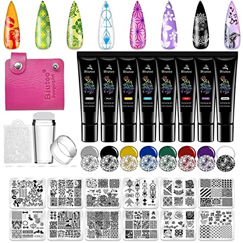 Biutee Nagel Stamping Set 8 Farben Stamping Gel+12 pcs Nagel Stamping Schblonen Platte+1 pcs Stempel, Nagel Stempel Set, French Nails Stempel Blumen Nagel Schablone für Nageldesign Nagelschablonen von Biutee