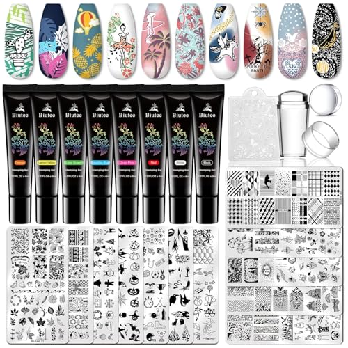 Biutee Nagelstempel Set Nail für Halloween Weihnachten, French Nails Stempel mit 8 Farben Stamping Gel und 12 Nagel Schablone +1 pcs Silikon Nagel Stempel UV Stamping Gel Plate Set Nageldesign Zubehör von Biutee
