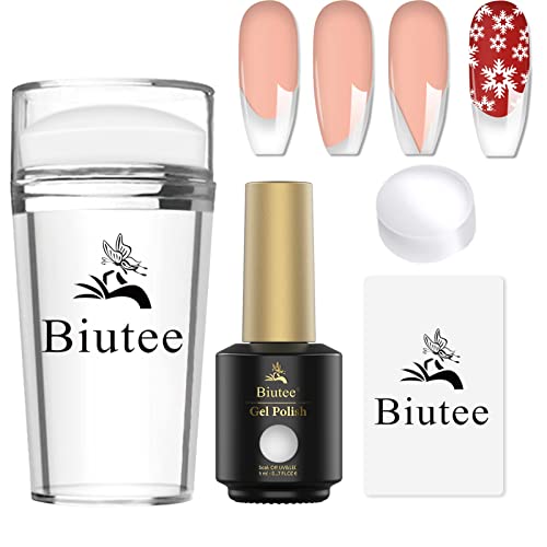 Biutee Nagel Stempel, Nail Stamper Kit French Spitze Nagelwerkzeug 4 Pcs Nail Art Stempel Weiß Nagellack Klare Silikon Nagel Stempel Set für Französische Maniküre Home DIY Nail Art Salon von Biutee