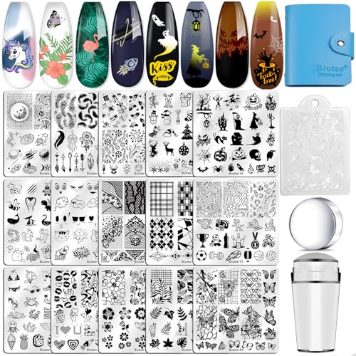 Biutee Nagelstempel Set, French Nails schablone, Nail Art Stempel Schablone, Nail Art Stamping Stempel Set für DIY, Nageldesigns mit 1 Schaber, Silikon-Gel-Nagelstempelkopf, 15 Nagelstempelplatten von Biutee