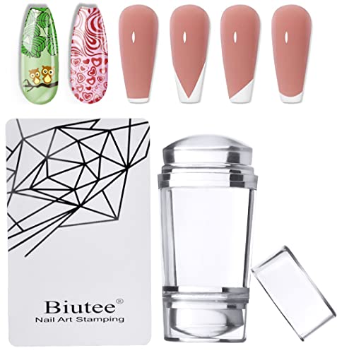 Biutee Nail Art Stamper Mit Schaber, Silikon transparenter Stempel mit doppeltem Kopf, Stamping Stamper Für French Smile Line Tools von Biutee