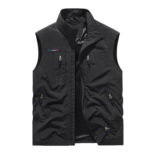 Biutimarden Herren Angeln Arbeit Weste mit Reißverschluss Lässig Stehkragen Ärmellose Jacke mit Taschen Camping Mesh Weste von Biutimarden