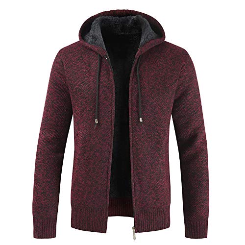 Biutimarden Herren Strickjacke Langarm Fashion Herren Kapuze Solide Coat Warm Jumper Fleece Mit Hut(Weinrot M) von Biutimarden