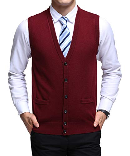 Biutimarden V-Ausschnitt Herren Ärmellose gestrickte Weste Strickwesten Strickjacken Strickpullover lässig gestrickte Wolle Tank-TopTasten Design (L, Rot-9069) von Biutimarden